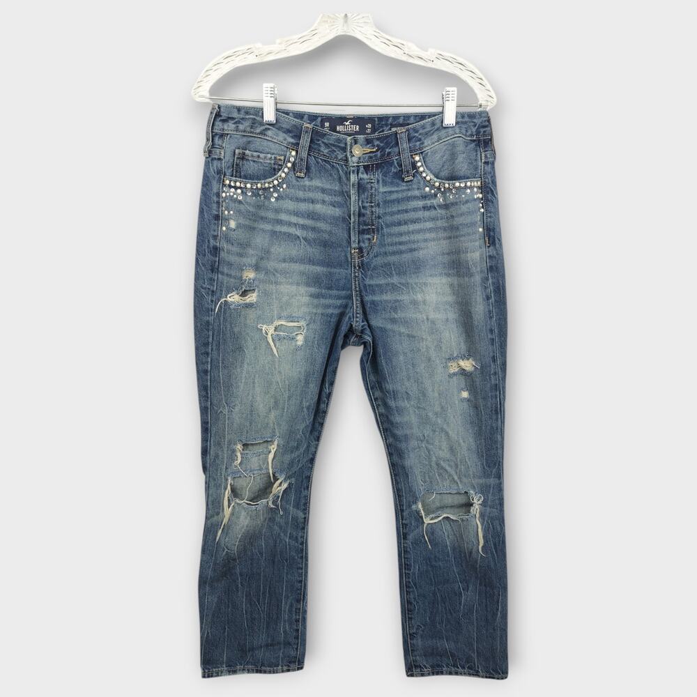 Women Hollister High Rise Vintage Straight Bedazzled Distressed Blue Jean Size 9